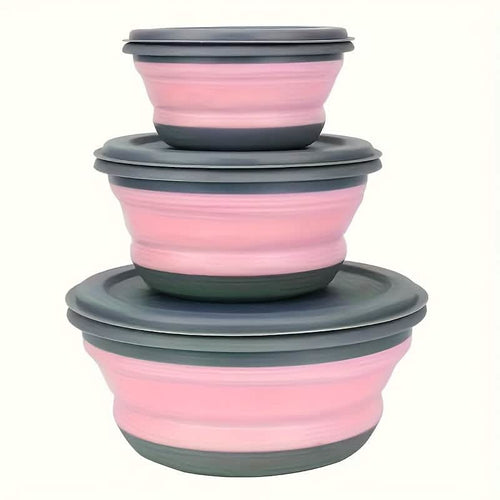 3 Foldable Silicone Camping Bowls with Lids – Blue & Pink